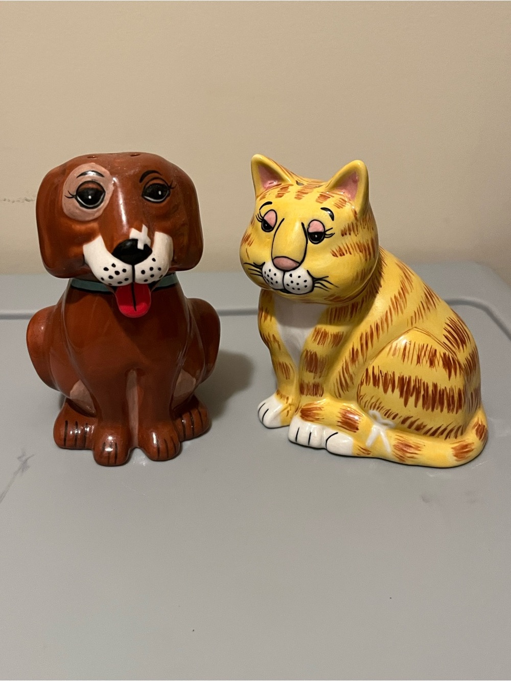 Gary Patterson Ceramic Yellow Tabby Cat and Dog Salt & Pepper Shaker Set